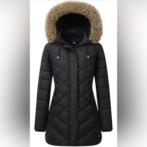 Women's Black Quilted Hooded Puffer Coat with Faux Fur Trim